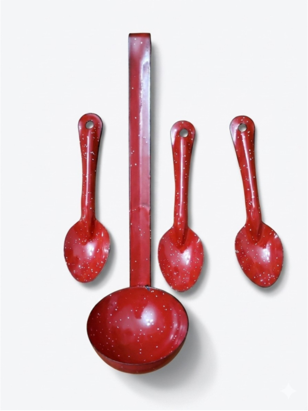 Vintage Red Enamelware Splatterware Enamel Spoon and Ladle Set - 4 Piece